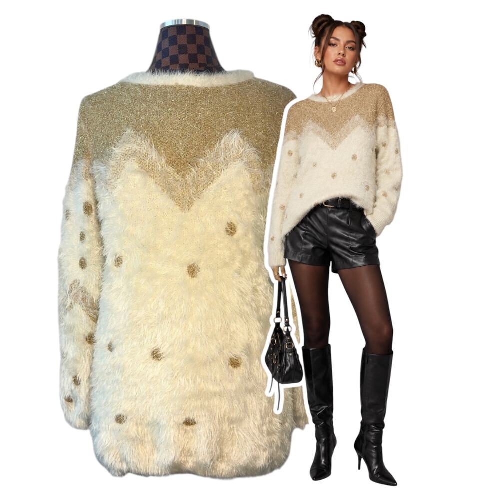 Lauren Michelle Eyelash Sweater Medium Gold Metallic Chevron Fuzzy Y2K Glam